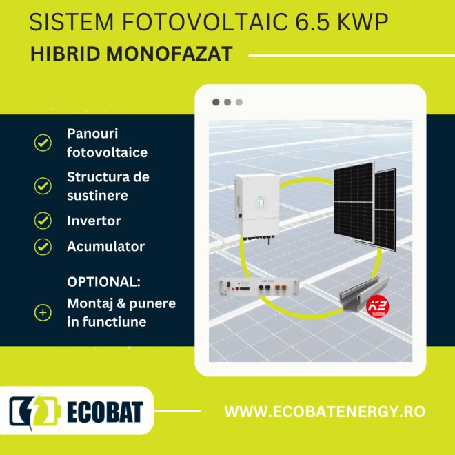 Sistem fotovoltaic HIBRID MONOFAZAT 6.5 kW cu invertor Deye