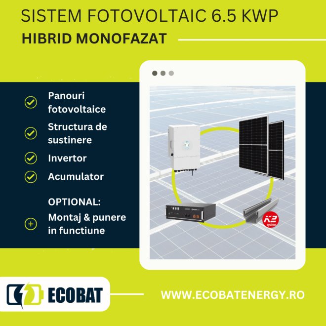 Sistem fotovoltaic HIBRID MONOFAZAT 6.5 kW cu invertor Deye