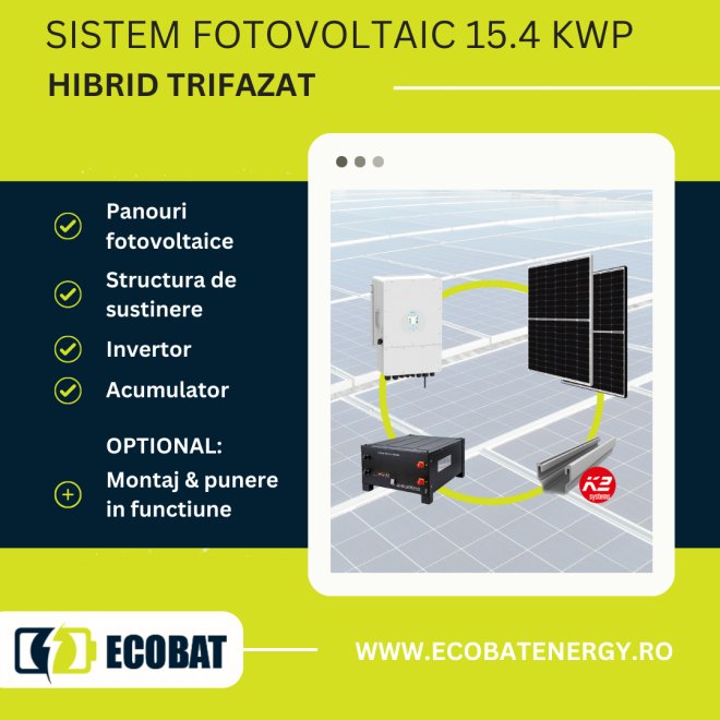 Sistem fotovoltaic HIBRID TRIFAZAT 12 kW cu invertor Deye